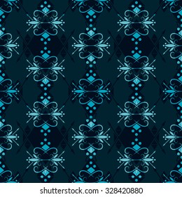 Abstract seamless pattern. Tribal figure. Bright patterns on dark background. Vector illustration.