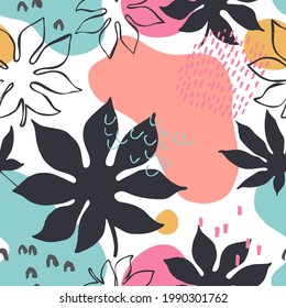 Abstract seamless pattern: tropic leaves silhouettes and line art, organic geometric shapes, doodle textures in minimal style. Vector for print, textile, fabric, wallpaper design, summer background