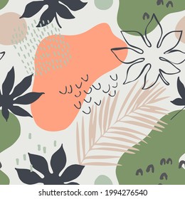 Abstract seamless pattern: tropic leaves silhouettes and line art, organic geometric shapes, doodle textures in minimal style. Vector for print, textile, fabric, wallpaper design, summer background