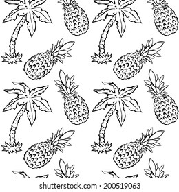 Abstract seamless pattern with tropical coconut palm trees and pineapples in black and white. Floral repeating monochrome background. Endless print texture. Fabric design. Wallpaper - vector 