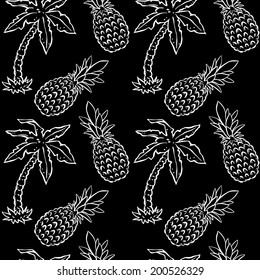 Abstract seamless pattern with tropical coconut palm trees and pineapples in black and white. Floral repeating monochrome background. Endless print texture. Fabric design. Wallpaper - vector 