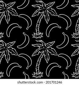 Abstract seamless pattern with tropical coconut palm trees and bananas in black and white. Floral repeating monochrome background. Endless print texture. Fabric design. Wallpaper - vector 