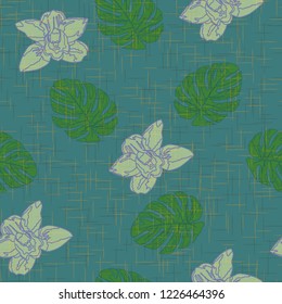 Abstract seamless pattern with tropical flowers and leaves.