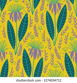 Abstract seamless pattern with tropical flowers and leaves. Vector template.