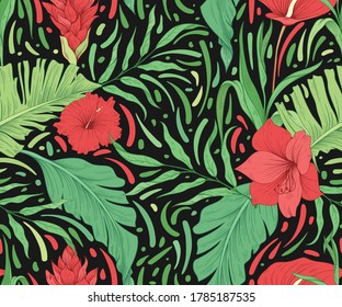 Abstract seamless pattern with tropical flowers and leaves