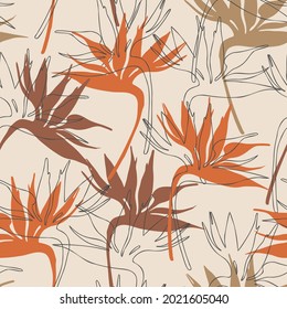Abstract seamless pattern with tropical flowers in line art and silhouette drawing style. Contemporary collage art. Modern vector illustration for fabric, wrapping texture, textile, foliage wallpaper