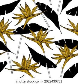 Resumen de patrón sin fisuras con flores tropicales hojas silueta, dibujo de líneas. Ilustración vectorial de estilo retro dibujada a mano para tela, textura envolvente, papel tapiz, arte gráfico fresco