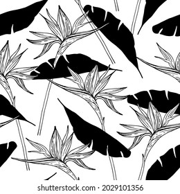 Abstract seamless pattern with tropical flowers leaves silhouette, line drawing. Hand drawn retro styled vector illustration for fabric, wrapping texture, textile, wallpaper, cool graphic art