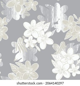 Abstract seamless pattern with tropical flowers leaves silhouette, line drawing. Hand drawn retro styled vector illustration for fabric, wrapping texture, textile, wallpaper, cool graphic art