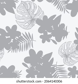 Resumen de patrón sin fisuras con flores tropicales hojas silueta, dibujo de líneas. Ilustración vectorial de estilo retro dibujada a mano para tela, textura envolvente, papel tapiz, arte gráfico fresco