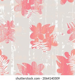Resumen de patrón sin fisuras con flores tropicales hojas silueta, dibujo de líneas. Ilustración vectorial de estilo retro dibujada a mano para tela, textura envolvente, papel tapiz, arte gráfico fresco