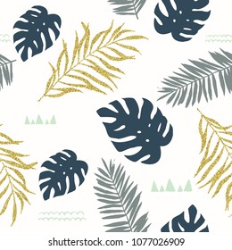 Abstract seamless pattern with tropical  and golden leaves. Vector illustration