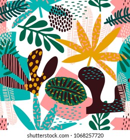 Abstract seamless pattern with tropical leaves. Hand draw texture. Vector template.