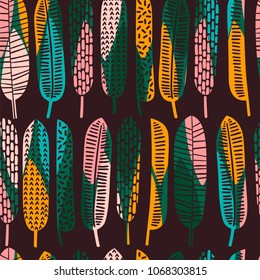Abstract seamless pattern with tropical leaves. Hand draw texture. Vector template.