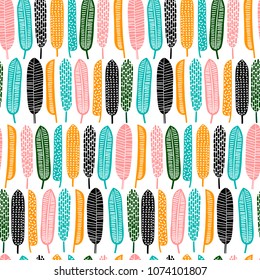 Abstract seamless pattern with tropical leaves. Hand draw texture. Vector template.