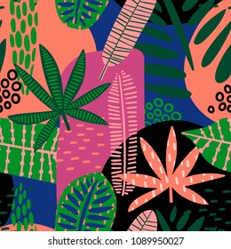 Abstract seamless pattern with tropical leaves. Hand draw texture. Vector template.