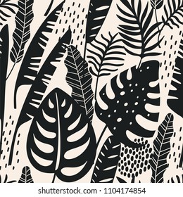 Abstract seamless pattern with tropical leaves. Hand draw texture. Vector template.