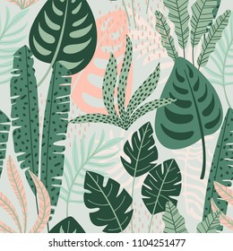 Abstract seamless pattern with tropical leaves. Hand draw texture. Vector template.