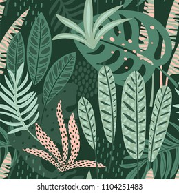 Abstract seamless pattern with tropical leaves. Hand draw texture. Vector template.