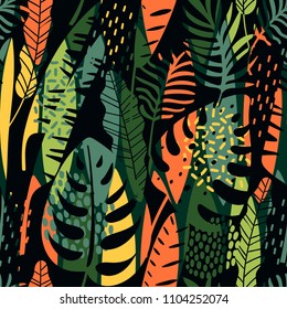 Abstract seamless pattern with tropical leaves. Hand draw texture. Vector template.