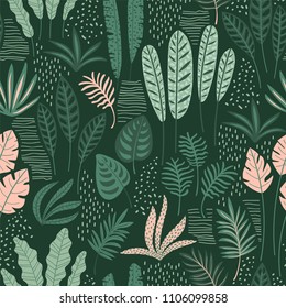 Abstract seamless pattern with tropical leaves. Hand draw texture. Vector template.