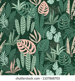 Abstract seamless pattern with tropical leaves. Hand draw texture. Vector template.