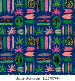Abstract seamless pattern with tropical leaves. Hand draw texture. Vector template.