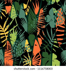 Abstract seamless pattern with tropical leaves. Hand draw texture. Vector template.