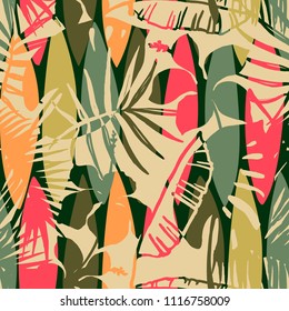 Abstract seamless pattern with tropical leaves. Hand draw texture. Vector template.