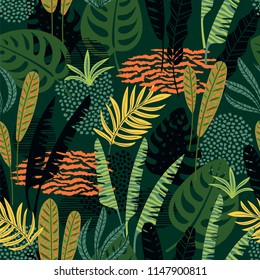 Abstract seamless pattern with tropical leaves. Hand draw texture. Vector template.