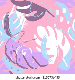 Abstract seamless pattern with tropical leaves, paint ink brush track. repeated backdrop for girl, fashion textile, clothes. wrapping paper. tender colors. exotic nature motive ornament. 