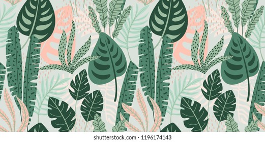 Abstract seamless pattern with tropical leaves. Hand draw texture. Vector template.