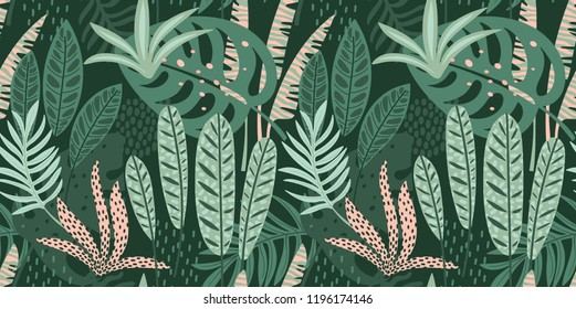 Abstract seamless pattern with tropical leaves. Hand draw texture. Vector template.