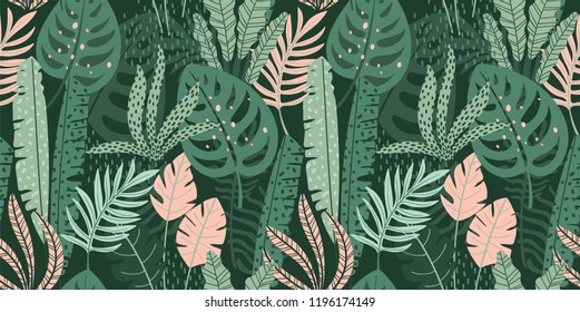 Abstract seamless pattern with tropical leaves. Hand draw texture. Vector template.