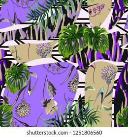Abstract seamless pattern with tropical leaves and flowers and tiger stripes