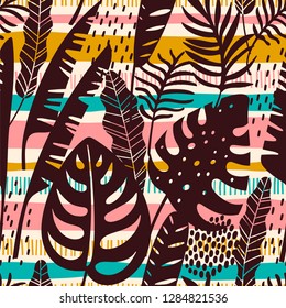Abstract seamless pattern with tropical leaves. Hand draw texture. Vector template.