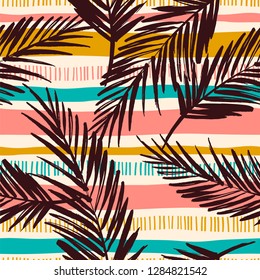 Abstract seamless pattern with tropical leaves. Hand draw texture. Vector template.