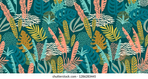 Abstract seamless pattern with tropical leaves. Hand draw texture. Vector template.