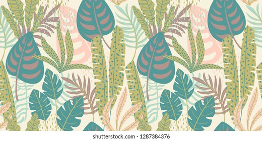Abstract seamless pattern with tropical leaves. Hand draw texture. Vector template.