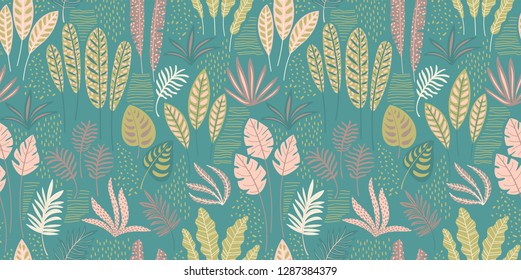 Abstract seamless pattern with tropical leaves. Hand draw texture. Vector template.