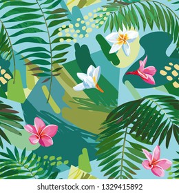 Abstract seamless pattern of tropical leaves and flowers, colored spots of geometric and irregular shapes.