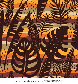 Abstract seamless pattern with tropical leaves. Hand draw texture. Vector template.