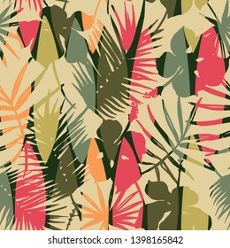 Abstract seamless pattern with tropical leaves. Hand draw texture. Vector template.
