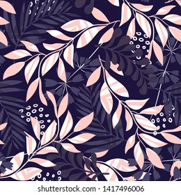Abstract seamless pattern with tropical leaves and plants on a dark background. Vector design. Jungle print. Textiles and printing. Floral background.