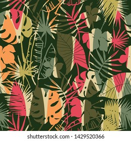 Abstract seamless pattern with tropical leaves. Hand draw texture. Vector template.