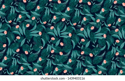 Abstract seamless pattern with tropical leaves for swimwear and clothes design. Background for phone cases, notebooks and accesories. Hand draw texture. Vector template.