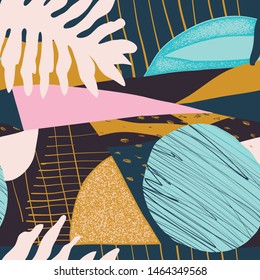 Abstract seamless pattern with tropical leaves, fruits and natural shapes. Abstract fun color pattern cartoon textured doodle geometric background in vector.