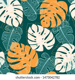 Abstract seamless pattern with tropical leaves and bright plants on green background. The seal of the jungle. Vector design. On a floral background. Textiles and printing. Exotic, tropical.