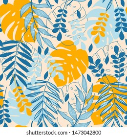 Abstract seamless pattern with tropical leaves and bright plants on beige background. The seal of the jungle. Vector design. On a floral background. Textiles and printing. Exotic, tropical.