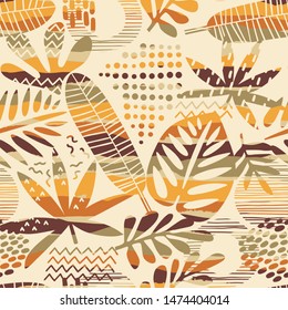 Abstract seamless pattern with tropical leaves. Hand draw texture. Vector template.